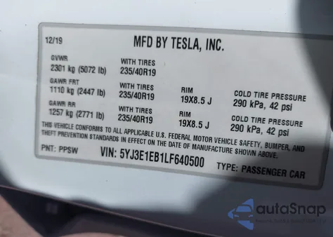 2020 Tesla Model 3 Long Range Dual Motor All-Wheel Drive from USA, damaged, VIN 5YJ3E1EB1LF640500